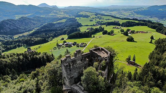 Luftaufnahme der Ruine Wartenfels umgeben von Bergen und Bäumen mit blauem sonnigen Himmel